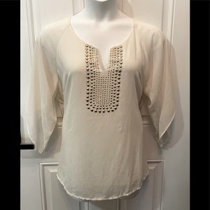 Beautiful Tunic Blouse Bell Sleeves Sheer Overlay Gold Details Peasant Neckline